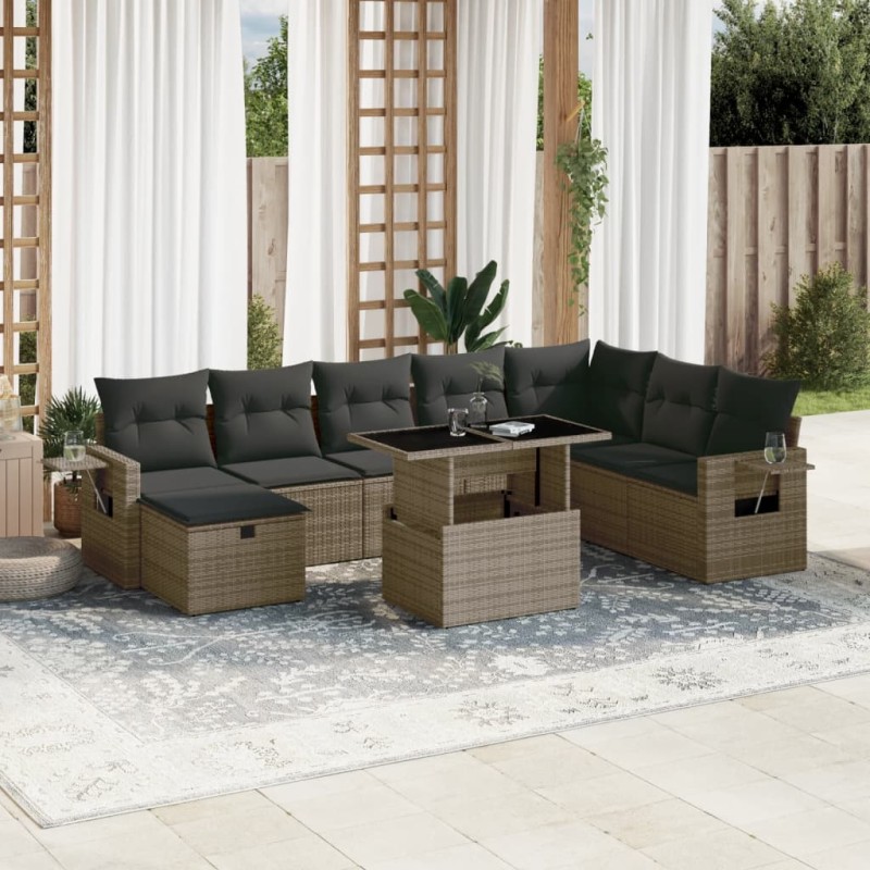 vidaXL 9-tlg. Garten-Sofagarnitur mit Kissen Grau Poly Rattan vidaXL 9-tlg. Garten-Sofagarnitur mit Kissen Grau Poly Rattan