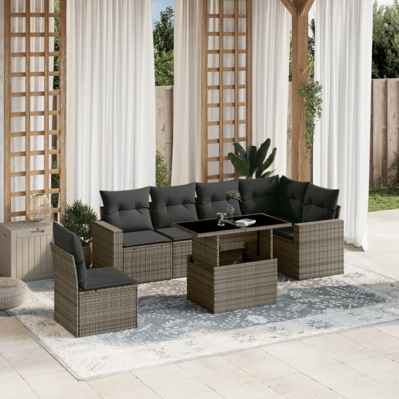 vidaXL 7-tlg. Garten-Sofagarnitur mit Kissen Grau Poly Rattan vidaXL 7-tlg. Garten-Sofagarnitur mit Kissen Grau Poly Rattan