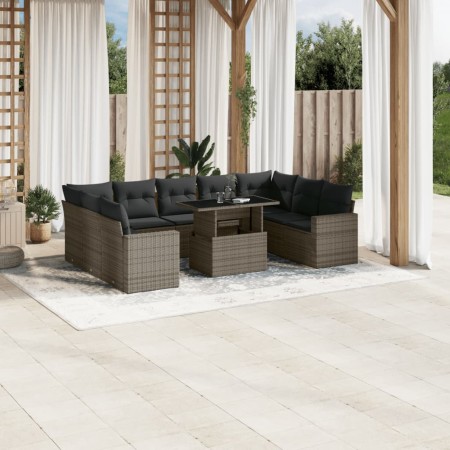 vidaXL 10-tlg. Garten-Sofagarnitur mit Kissen Grau Poly Rattan