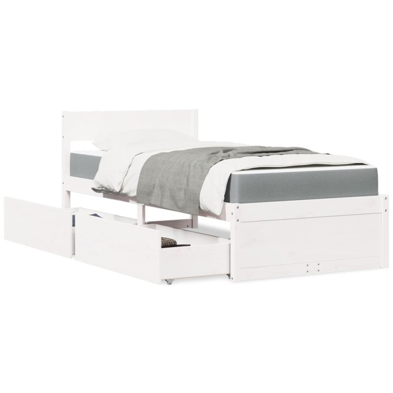 vidaXL Bett mit Schubladen und Matratze Weiß 90x190 cm Massivholz vidaXL Bett mit Schubladen und Matratze Weiß 90x190 cm Massivholz