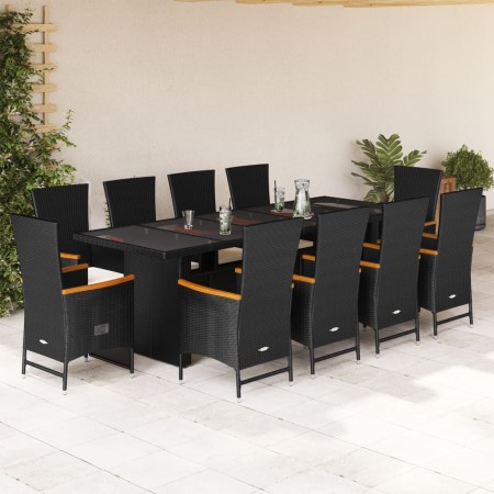 vidaXL 11-tlg. Garten-Essgruppe mit Kissen Schwarz Poly Rattan