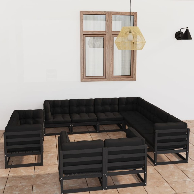vidaXL 11-tlg. Garten-Lounge-Set mit Kissen Schwarz Kiefer Massivholz vidaXL 11-tlg. Garten-Lounge-Set mit Kissen Schwarz Kiefer Massivholz