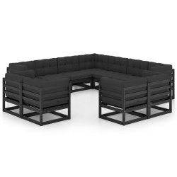 vidaXL 11-tlg. Garten-Lounge-Set mit Kissen Schwarz Kiefer Massivholz