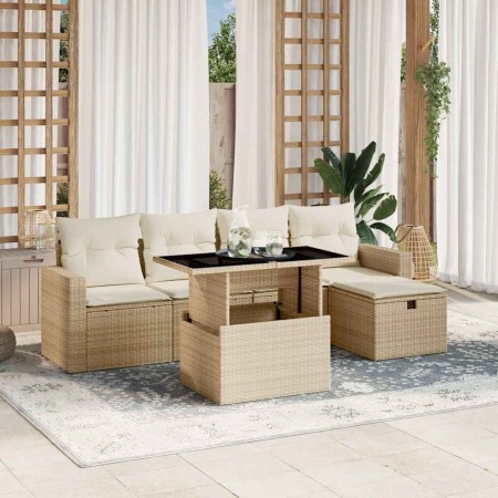 vidaXL 6-tlg. Garten-Sofagarnitur mit Kissen Beige Poly Rattan