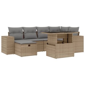 vidaXL 7-tlg. Garten-Sofagarnitur mit Kissen Beige Poly Rattan