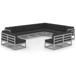 12-tlg. Garten-Lounge-Set mit Kissen Grau Kiefer Massivholz