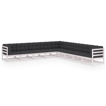 9-tlg. Garten-Lounge-Set mit Kissen Weiß Kiefer Massivholz