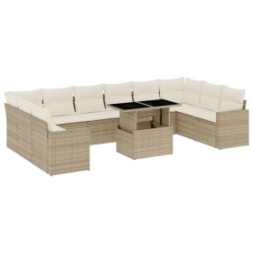 vidaXL 11-tlg. Garten-Sofagarnitur mit Kissen Beige Poly Rattan