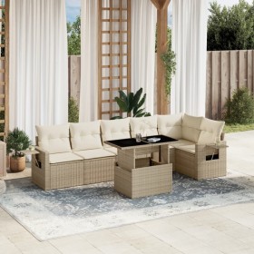 vidaXL 7-tlg. Garten-Sofagarnitur mit Kissen Beige Poly Rattan