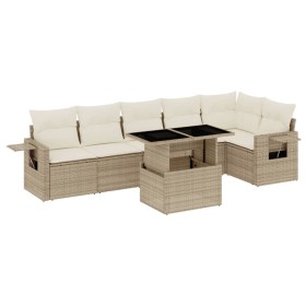 vidaXL 7-tlg. Garten-Sofagarnitur mit Kissen Beige Poly Rattan