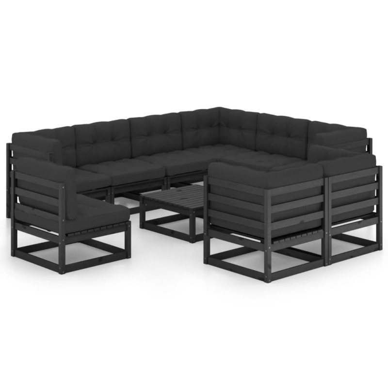 10-tlg. Garten-Lounge-Set mit Kissen Schwarz Kiefer Massivholz 10-tlg. Garten-Lounge-Set mit Kissen Schwarz Kiefer Massivholz