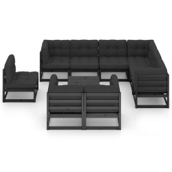 10-tlg. Garten-Lounge-Set mit Kissen Schwarz Kiefer Massivholz