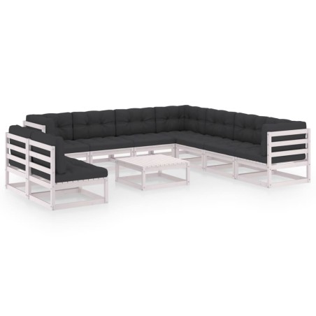 10-tlg. Garten-Lounge-Set mit Kissen Weiß Kiefer Massivholz