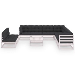 10-tlg. Garten-Lounge-Set mit Kissen Weiß Kiefer Massivholz