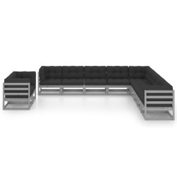 11-tlg. Garten-Lounge-Set mit Kissen Grau Kiefer Massivholz