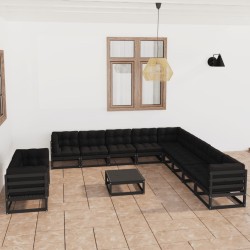 12-tlg. Garten-Lounge-Set mit Kissen Schwarz Kiefer Massivholz
