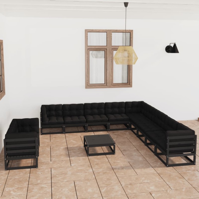 12-tlg. Garten-Lounge-Set mit Kissen Schwarz Kiefer Massivholz 12-tlg. Garten-Lounge-Set mit Kissen Schwarz Kiefer Massivholz