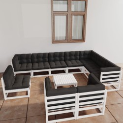 11-tlg. Garten-Lounge-Set mit Kissen Weiß Kiefer Massivholz