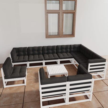 11-tlg. Garten-Lounge-Set mit Kissen Weiß Kiefer Massivholz