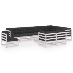 11-tlg. Garten-Lounge-Set mit Kissen Weiß Kiefer Massivholz