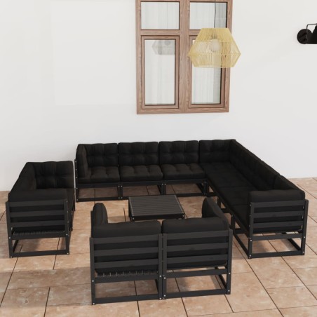 12-tlg. Garten-Lounge-Set mit Kissen Schwarz Kiefer Massivholz