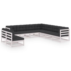 9-tlg. Garten-Lounge-Set mit Kissen Weiß Kiefer Massivholz