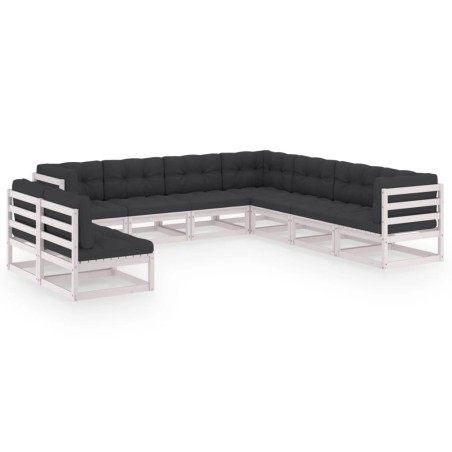 9-tlg. Garten-Lounge-Set mit Kissen Weiß Kiefer Massivholz