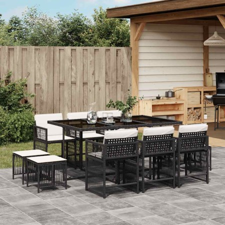 vidaXL 11-tlg. Garten-Essgruppe mit Kissen Schwarz Poly Rattan