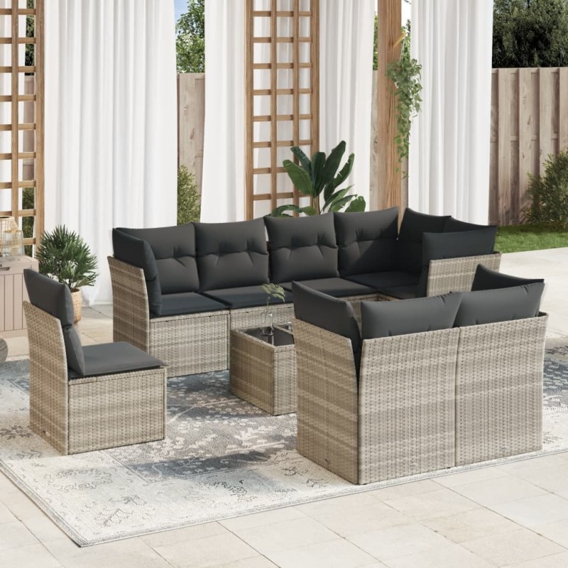 vidaXL 9-tlg. Garten-Sofagarnitur mit Kissen Hellgrau Poly Rattan vidaXL 9-tlg. Garten-Sofagarnitur mit Kissen Hellgrau Poly Rattan