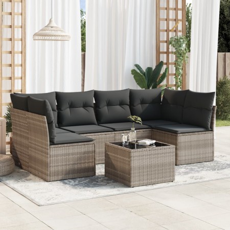 vidaXL 7-tlg. Garten-Sofagarnitur mit Kissen Hellgrau Poly Rattan