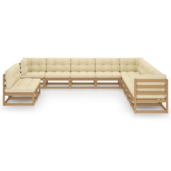 11-tlg. Garten-Lounge-Set Kissen Honigbraun Kiefer Massivholz