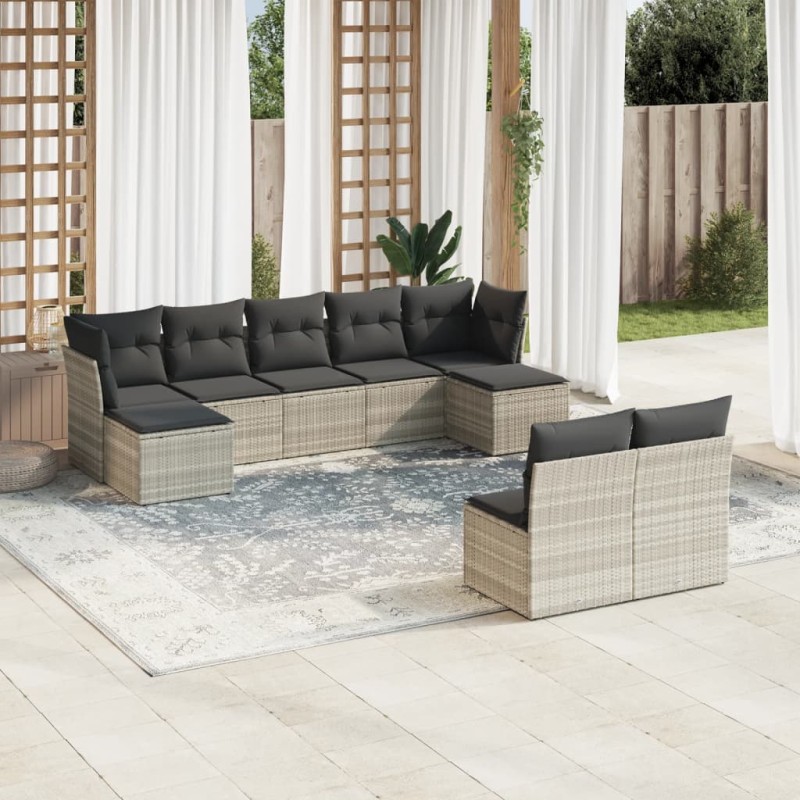 vidaXL 9-tlg. Garten-Sofagarnitur mit Kissen Hellgrau Poly Rattan vidaXL 9-tlg. Garten-Sofagarnitur mit Kissen Hellgrau Poly Rattan