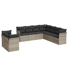 vidaXL 9-tlg. Garten-Sofagarnitur mit Kissen Hellgrau Poly Rattan
