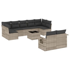 vidaXL 10-tlg. Garten-Sofagarnitur mit Kissen Hellgrau Poly Rattan
