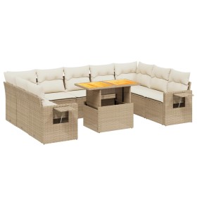 vidaXL 10-tlg. Garten-Sofagarnitur mit Kissen Beige Poly Rattan