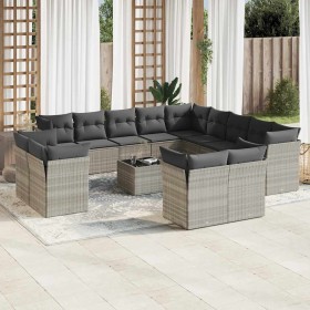 vidaXL 14-tlg. Garten-Sofagarnitur mit Kissen Hellgrau Poly Rattan