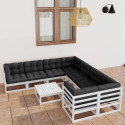 9-tlg. Garten-Lounge-Set mit Kissen Weiß Kiefer Massivholz