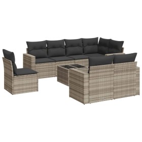 vidaXL 9-tlg. Garten-Sofagarnitur mit Kissen Hellgrau Poly Rattan
