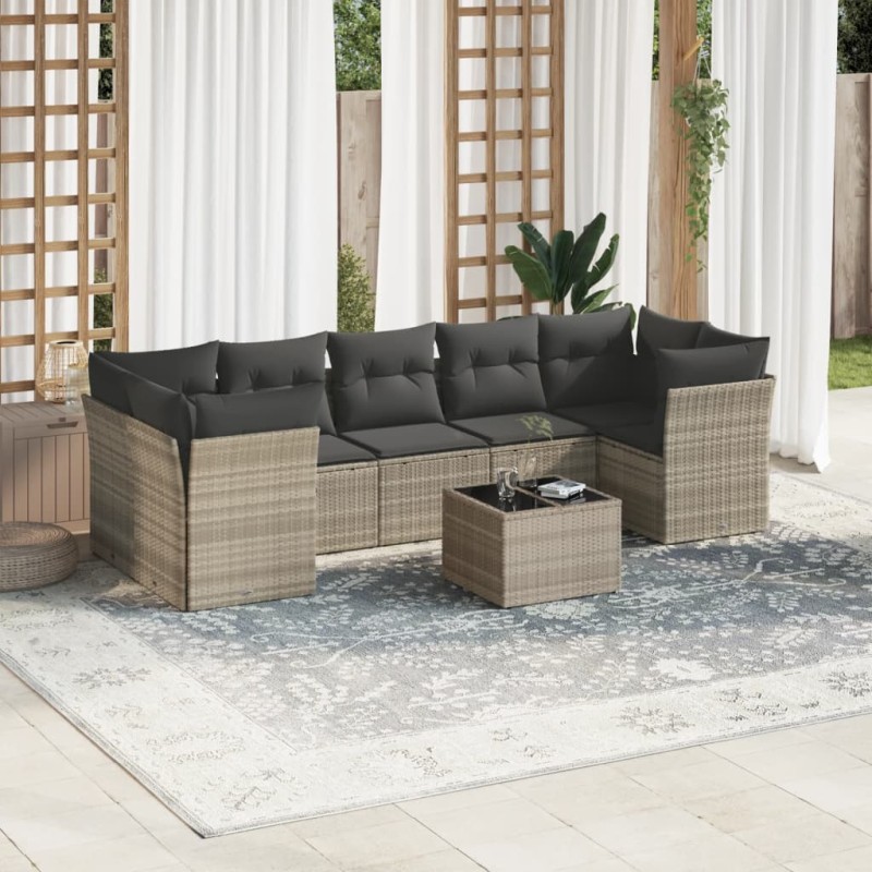 vidaXL 8-tlg. Garten-Sofagarnitur mit Kissen Hellgrau Poly Rattan vidaXL 8-tlg. Garten-Sofagarnitur mit Kissen Hellgrau Poly Rattan