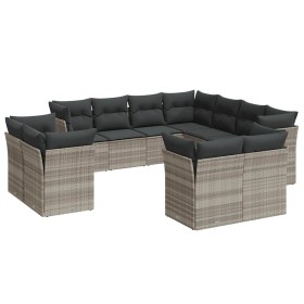 vidaXL 11-tlg. Garten-Sofagarnitur mit Kissen Hellgrau Poly Rattan