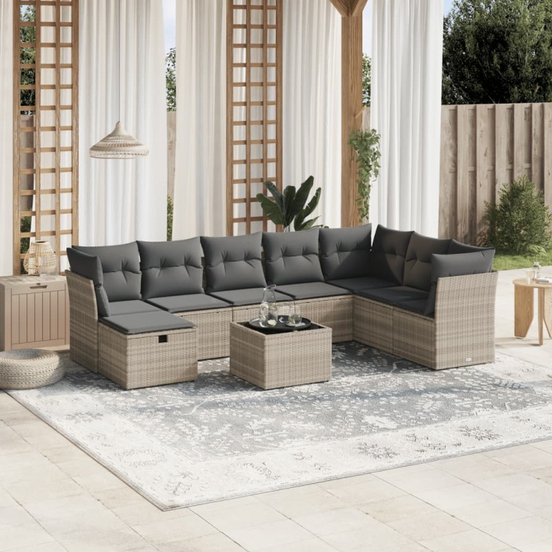 vidaXL 9-tlg. Garten-Sofagarnitur mit Kissen Hellgrau Poly Rattan vidaXL 9-tlg. Garten-Sofagarnitur mit Kissen Hellgrau Poly Rattan