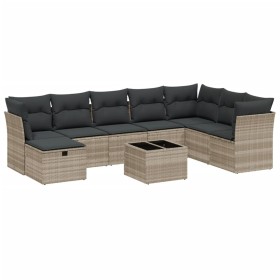 vidaXL 9-tlg. Garten-Sofagarnitur mit Kissen Hellgrau Poly Rattan