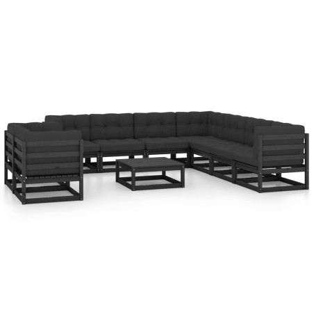 10-tlg. Garten-Lounge-Set mit Kissen Schwarz Kiefer Massivholz