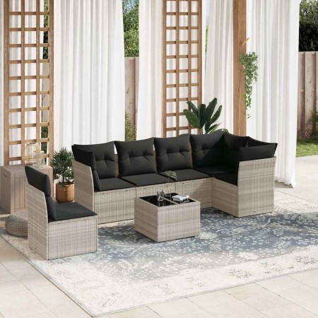 vidaXL 7-tlg. Garten-Sofagarnitur mit Kissen Hellgrau Poly Rattan