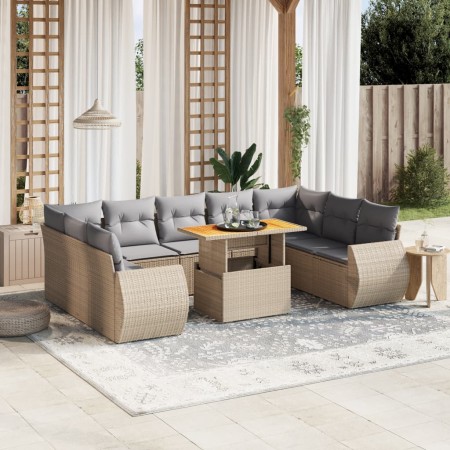 vidaXL 10-tlg. Garten-Sofagarnitur mit Kissen Beige Poly Rattan