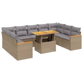 vidaXL 10-tlg. Garten-Sofagarnitur mit Kissen Beige Poly Rattan