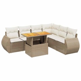 vidaXL 7-tlg. Garten-Sofagarnitur mit Kissen Beige Poly Rattan