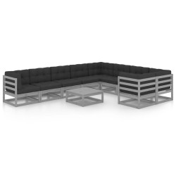 10-tlg. Garten-Lounge-Set mit Kissen Grau Kiefer Massivholz