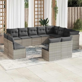 vidaXL 12-tlg. Garten-Sofagarnitur mit Kissen Hellgrau Poly Rattan