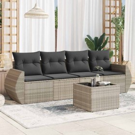 vidaXL 5-tlg. Garten-Sofagarnitur mit Kissen Hellgrau Poly Rattan